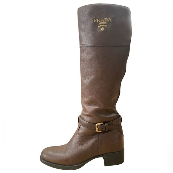 Prada Dark Brown Leather Signature Golden Logo Knee Length Boots - Picture 1 of 10